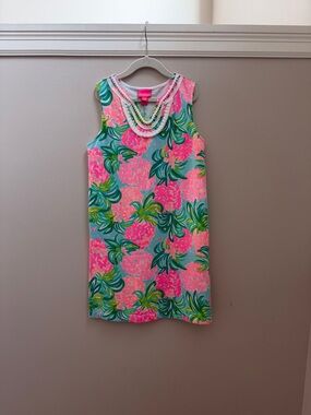 Lilly Pulitzer Girls Sleeveless Knit Floral Shift Dress in Turquoise & Hot Pink